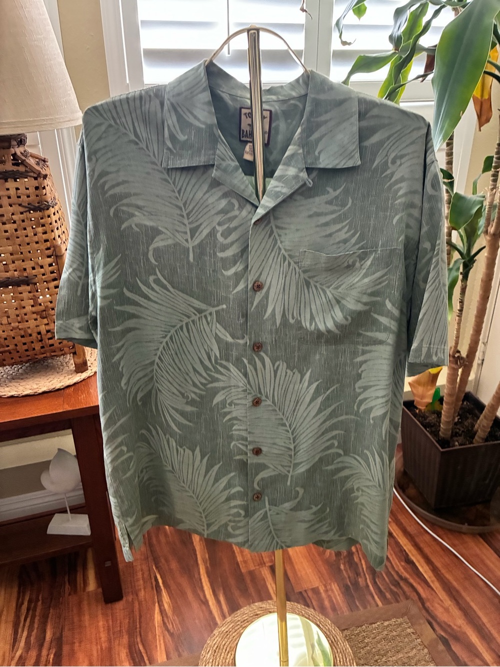 Tommy Bahama Seafoam Green Palm-Leaf Button-Down Camp Shirt